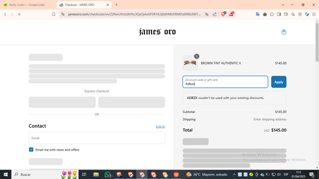 James Oro checkout page showing James Oro discount code box | Screenshot taken by SimplyCodes community member on Apr 1, 2025
