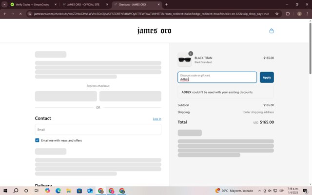 James Oro checkout page showing James Oro discount code box | Screenshot taken by SimplyCodes community member on Apr 1, 2025