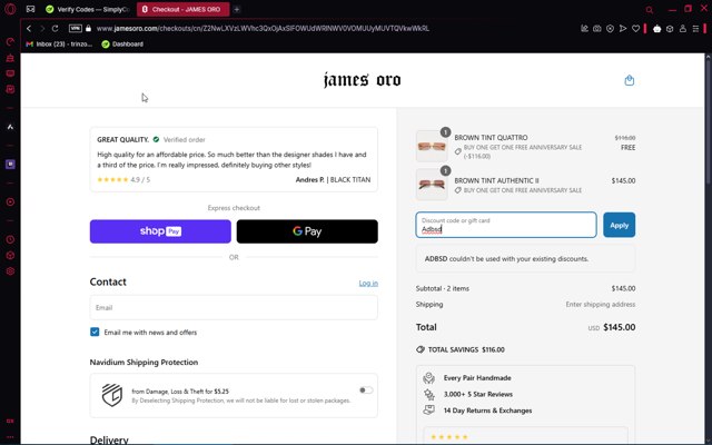 James Oro checkout page showing James Oro discount code box | Screenshot taken by SimplyCodes community member on Apr 1, 2025