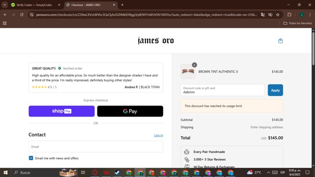 James Oro checkout page showing James Oro discount code box | Screenshot taken by SimplyCodes community member on Apr 9, 2025