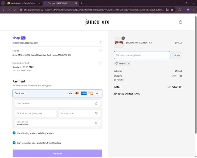 James Oro checkout page showing James Oro discount code box | Screenshot taken by SimplyCodes community member on Mar 30, 2025