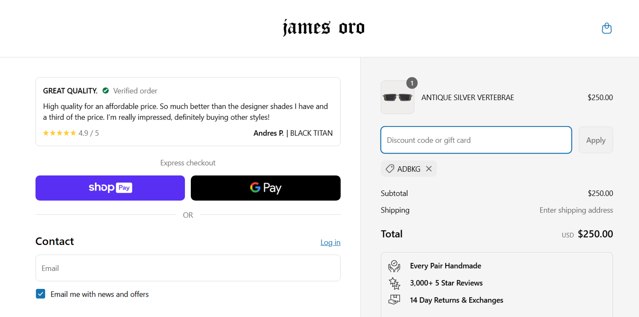 James Oro checkout page showing James Oro discount code box | Screenshot taken by SimplyCodes community member on Apr 8, 2025