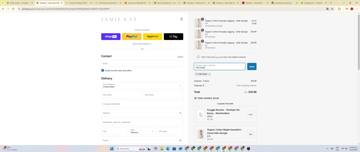 Jamie Kay USA promo code screenshot showing code FIRSTPAIR applied at Jamie Kay USA checkout page. Uploaded by SimplyCodes community member PrimeBoss695 on Feb 22, 2025