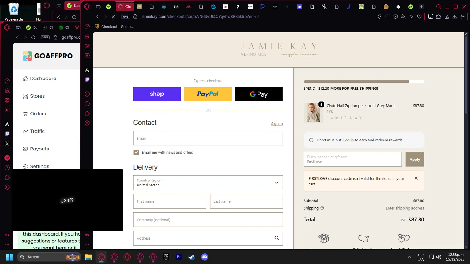 Jamie Kay USA promo code screenshot showing code FirstLove applied at Jamie Kay USA checkout page. Uploaded by SimplyCodes community member Billyyou on Dec 15, 2025