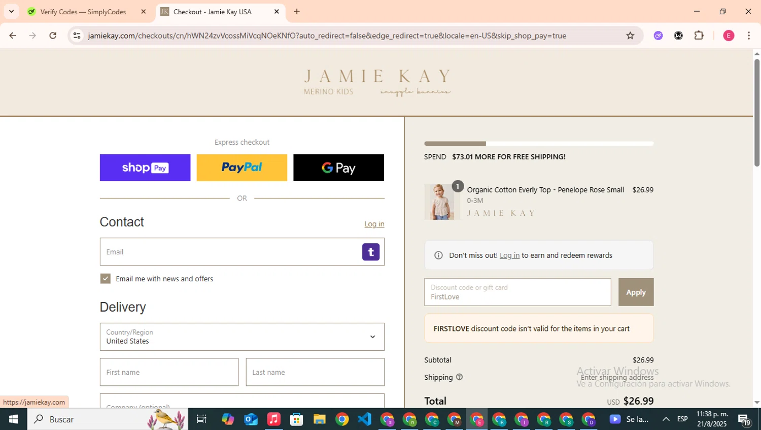 Jamie Kay USA promo code screenshot showing code FirstLove applied at Jamie Kay USA checkout page. Uploaded by SimplyCodes community member CouponHero7312 on Aug 22, 2025