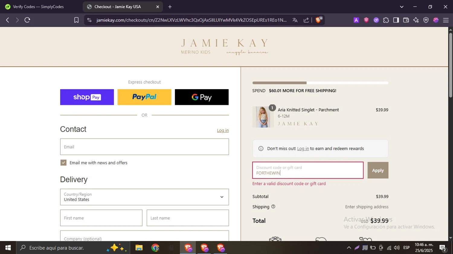 Jamie Kay USA promo code screenshot showing code FORTHEWIN applied at Jamie Kay USA checkout page. Uploaded by SimplyCodes community member Esterasa on Jun 25, 2025
