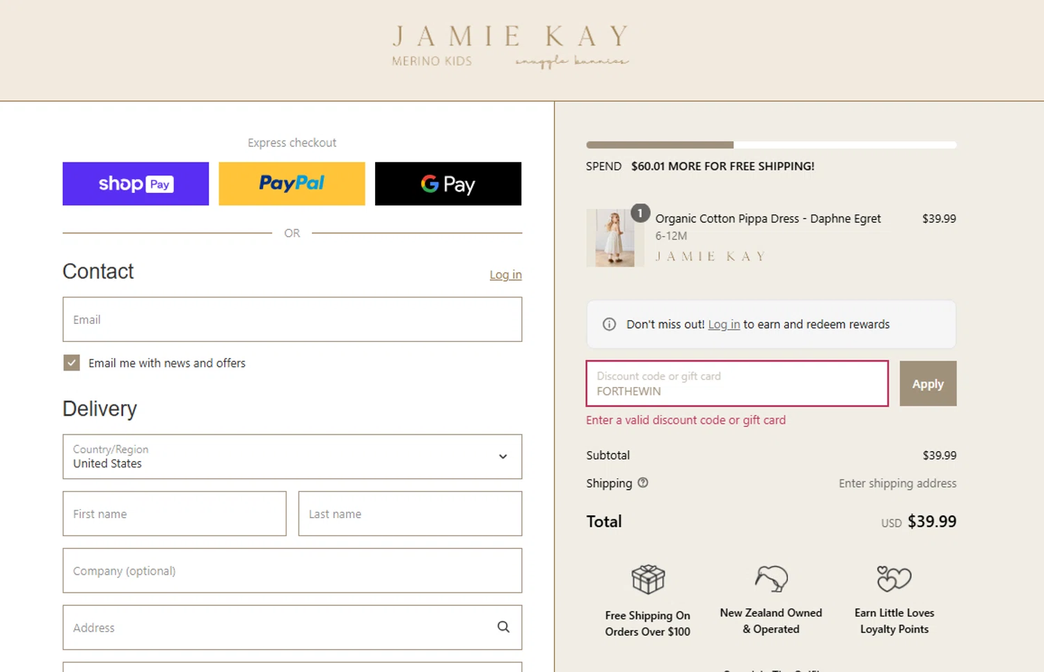 Jamie Kay USA promo code screenshot showing code FORTHEWIN applied at Jamie Kay USA checkout page. Uploaded by SimplyCodes community member NinjaShoyo on Jun 25, 2025