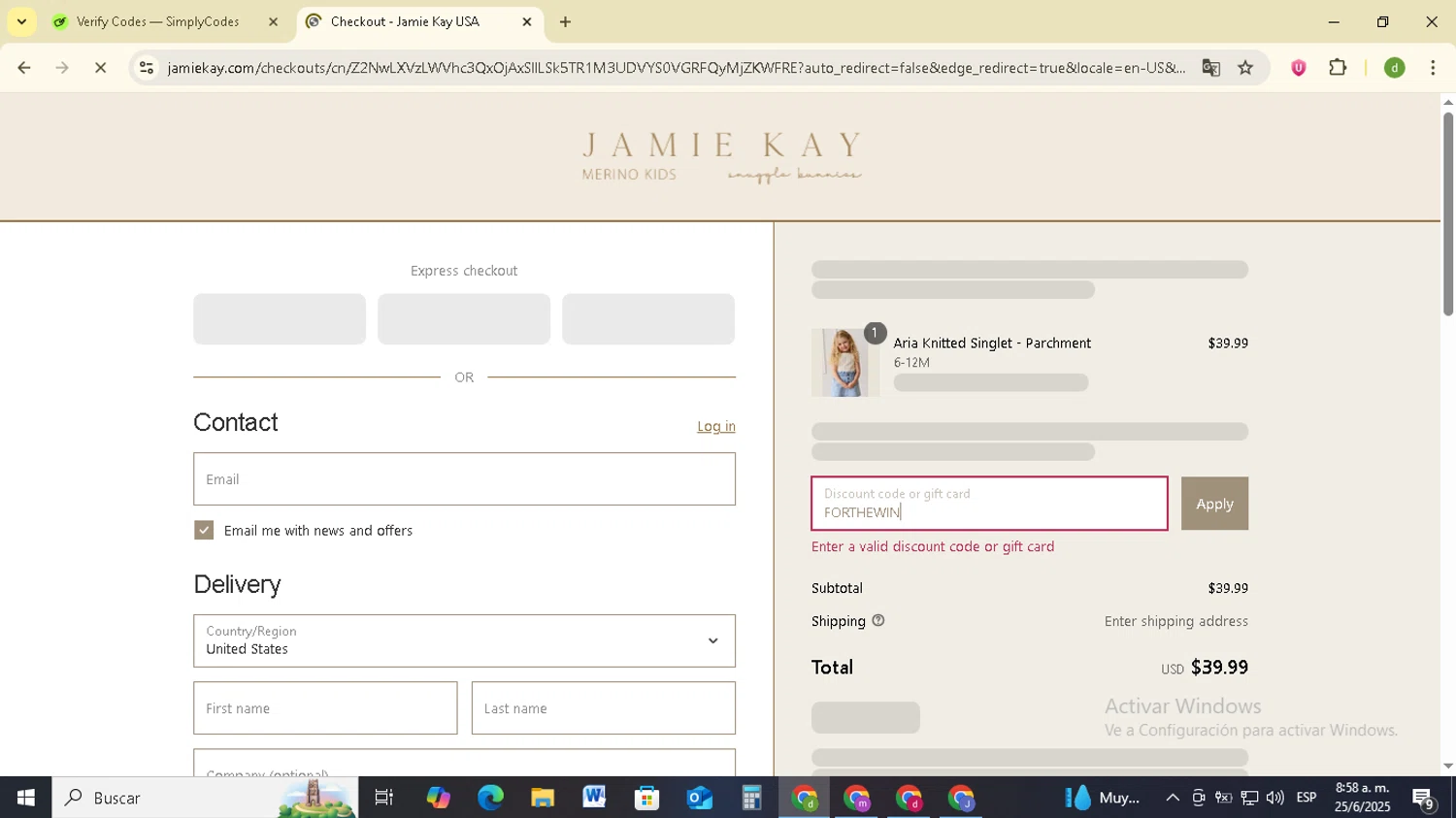 Jamie Kay USA promo code screenshot showing code FORTHEWIN applied at Jamie Kay USA checkout page. Uploaded by SimplyCodes community member SavingsSentinel833 on Jun 25, 2025