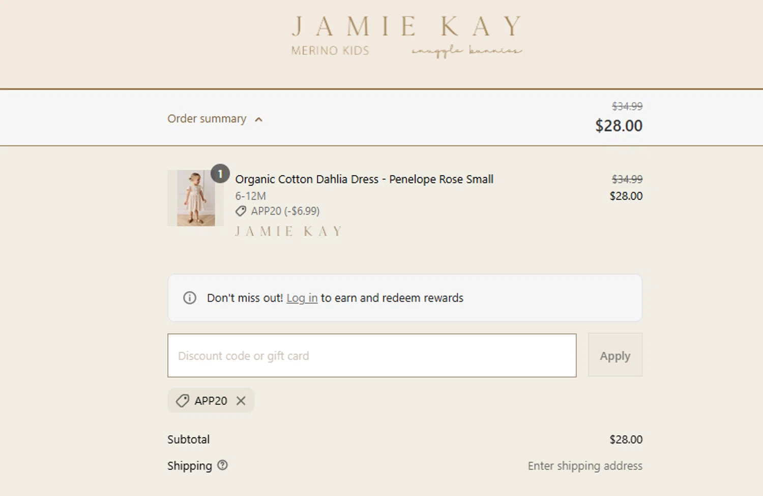 Jamie Kay USA promo code screenshot showing code APP20 applied at Jamie Kay USA checkout page. Uploaded by SimplyCodes community member ashe1986 on Aug 4, 2025