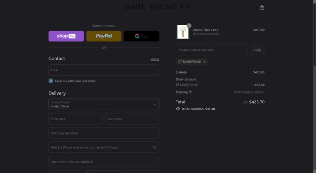 Jamie Young Co. checkout page showing Jamie Young Co. promo code box | Screenshot taken by SimplyCodes community member on Aug 27, 2025