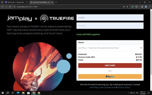 JamPlay checkout page showing JamPlay coupon code box | Screenshot taken by SimplyCodes community member on Feb 13, 2024