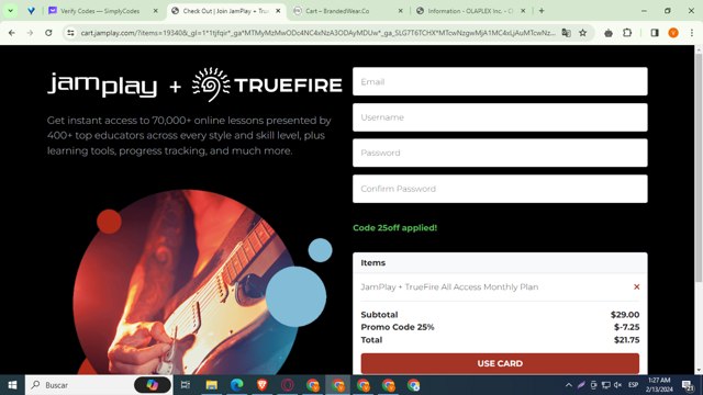 JamPlay checkout page showing JamPlay coupon code box | Screenshot taken by SimplyCodes community member on Feb 13, 2024