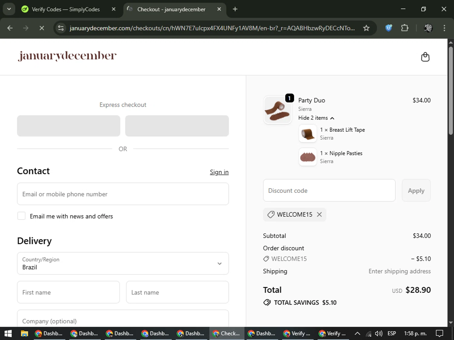 januarydecember promo code screenshot showing code WELCOME15 applied at januarydecember checkout page. Uploaded by SimplyCodes community member PrimeKnight6101 on Jan 4, 2026