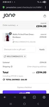 Welcomeback10 coupon verification screenshot