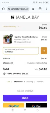 SUNNY20 coupon verification screenshot