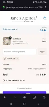 Jane's Agenda coupon verification screenshot