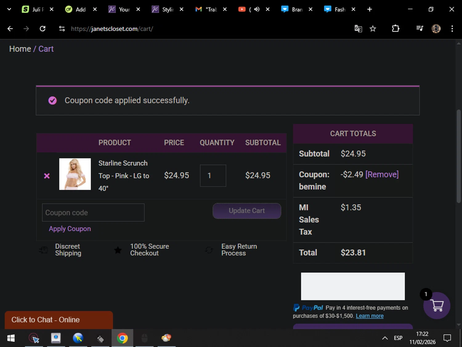 Janets Closet promo code screenshot showing code BEMINE applied at Janets Closet checkout page. Uploaded by SimplyCodes community member MarcosAranguren on Feb 11, 2026