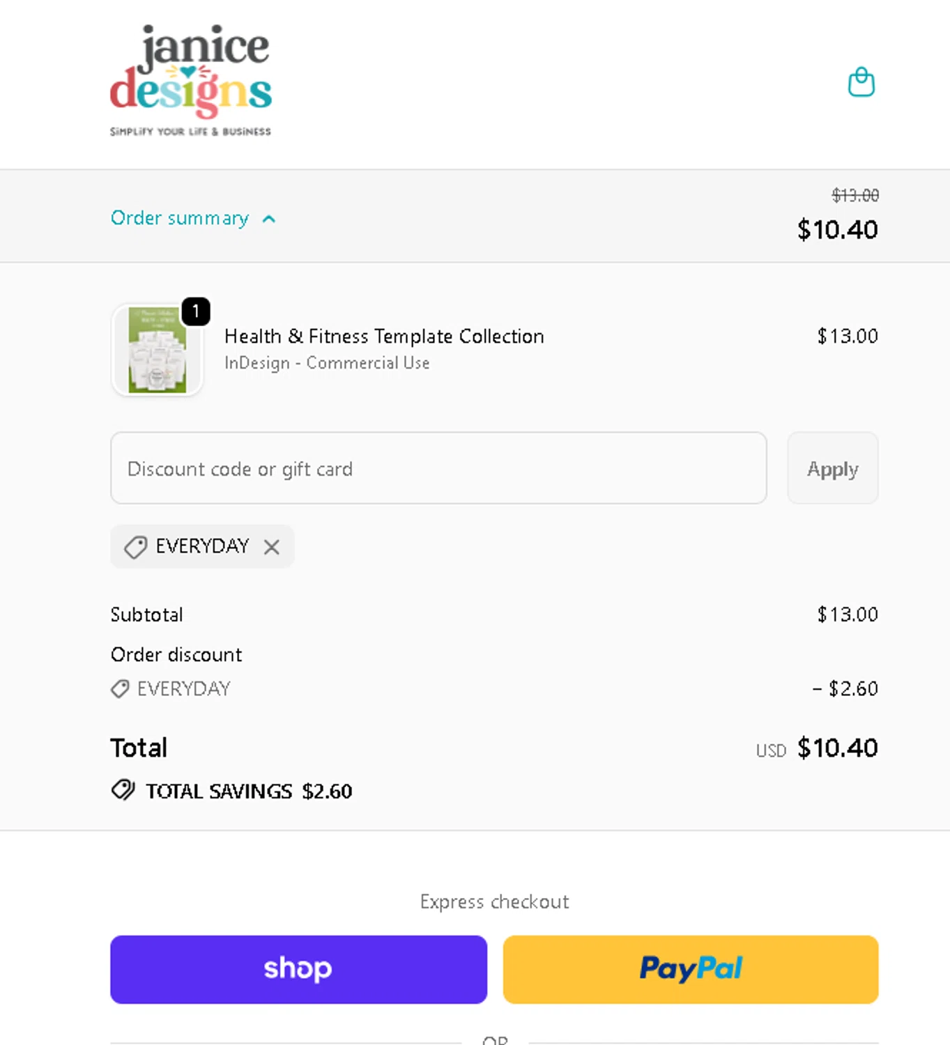Janice Designs promo code screenshot showing code EVERYDAY applied at Janice Designs checkout page. Uploaded by SimplyCodes community member Gaby04 on Dec 29, 2025