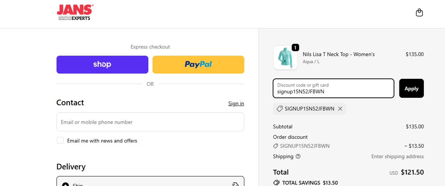Jans promo code screenshot showing code signup15N52JFBWN applied at Jans checkout page. Uploaded by SimplyCodes community member ashe1986 on Dec 8, 2025