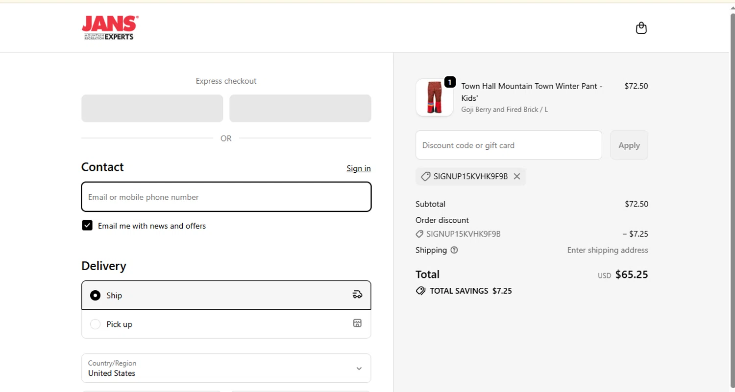 Jans promo code screenshot showing code signup15KVHK9F9B applied at Jans checkout page. Uploaded by SimplyCodes community member ashe1986 on Dec 9, 2025