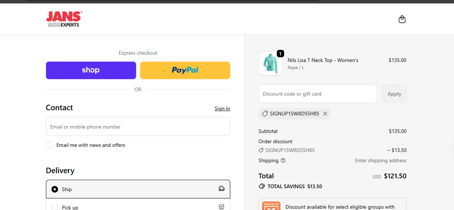 Jans promo code screenshot showing code signup15W8D55H85 applied at Jans checkout page. Uploaded by SimplyCodes community member ashe1986 on Dec 10, 2025