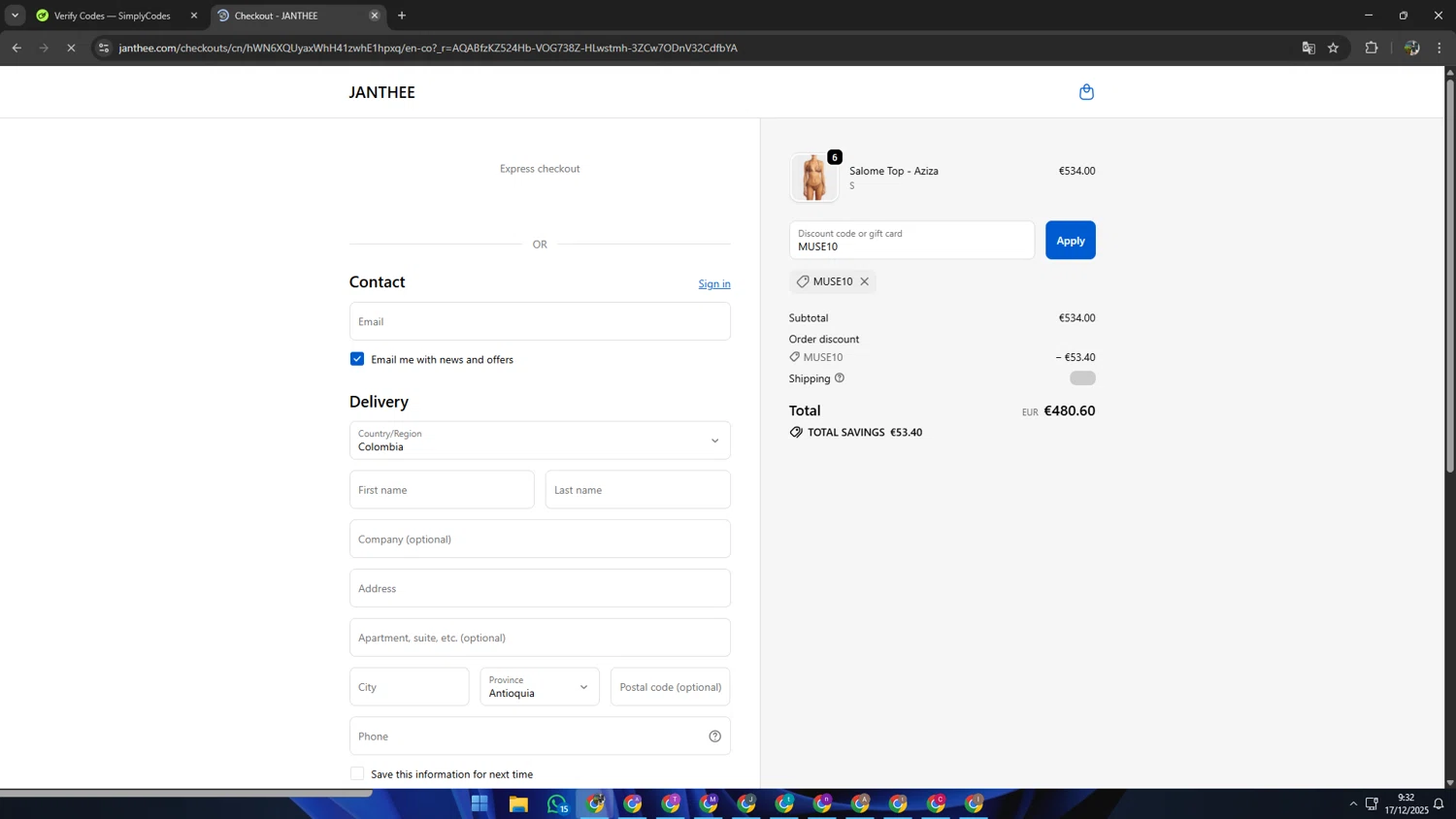 JANTHEE discount code screenshot showing code MUSE10 applied at JANTHEE checkout page. Uploaded by SimplyCodes community member SAIKOO on Dec 17, 2025
