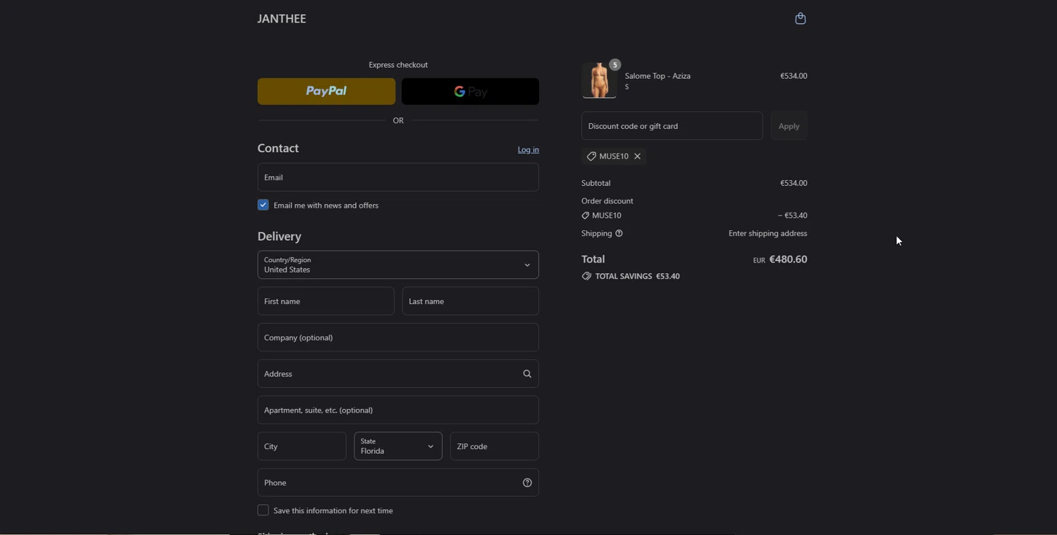 JANTHEE discount code screenshot showing code MUSE10 applied at JANTHEE checkout page. Uploaded by SimplyCodes community member johnnybravo on Aug 23, 2025