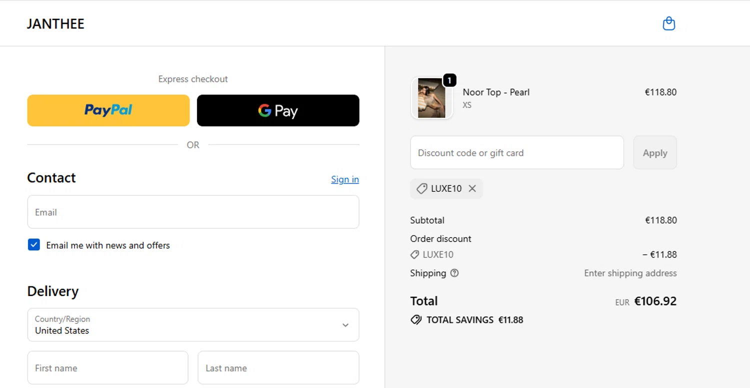 JANTHEE discount code screenshot showing code LUXE10 applied at JANTHEE checkout page. Uploaded by SimplyCodes community member Stun222 on Nov 3, 2025
