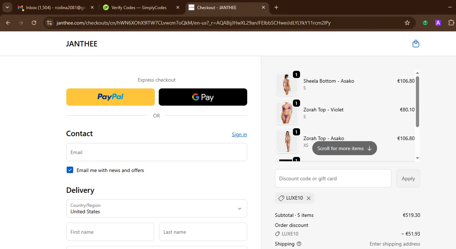 JANTHEE discount code screenshot showing code LUXE10 applied at JANTHEE checkout page. Uploaded by SimplyCodes community member SnoopDogg on Dec 17, 2025