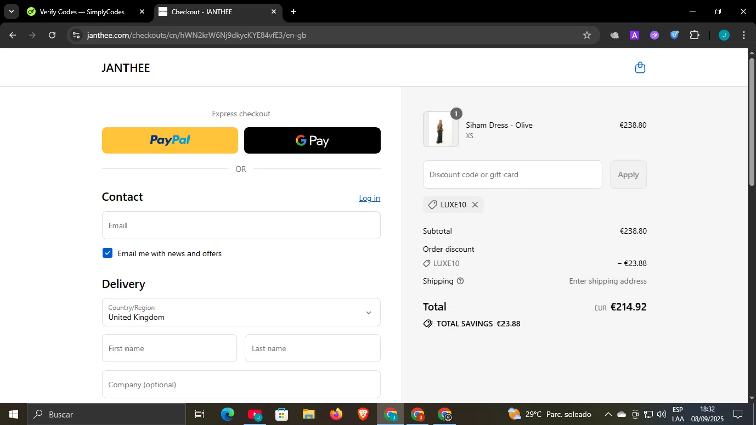 JANTHEE discount code screenshot showing code LUXE10 applied at JANTHEE checkout page. Uploaded by SimplyCodes community member WonderCaptain6926 on Sep 8, 2025