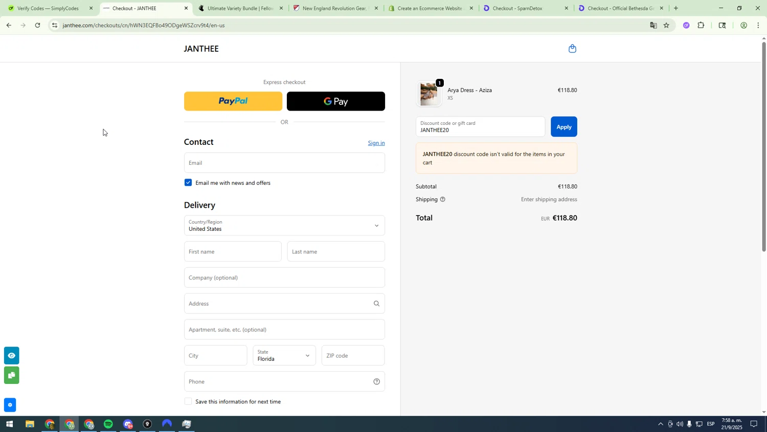 JANTHEE discount code screenshot showing code JANTHEE20 applied at JANTHEE checkout page. Uploaded by SimplyCodes community member sfdfgdsfgdfgdfg on Sep 21, 2025