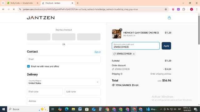 Jantzen checkout page showing Jantzen coupon code box | Screenshot taken by SimplyCodes community member on Sep 10, 2025
