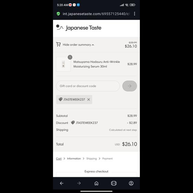 Japanese Taste checkout page showing Japanese Taste discount code box | Screenshot taken by SimplyCodes community member on Sep 5, 2023