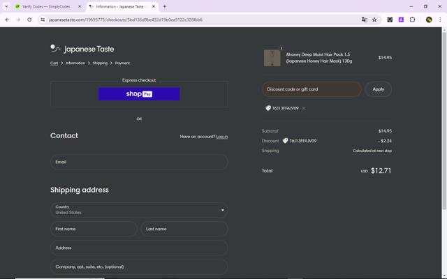 Japanese Taste checkout page showing Japanese Taste discount code box | Screenshot taken by SimplyCodes community member on May 22, 2024
