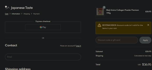 Japanese Taste checkout page showing Japanese Taste discount code box | Screenshot taken by SimplyCodes community member on Jun 7, 2024