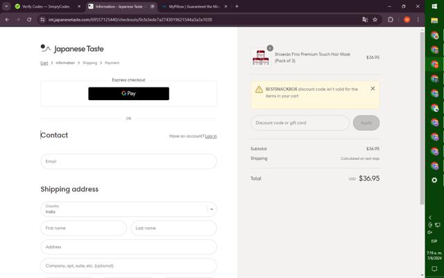 Japanese Taste checkout page showing Japanese Taste discount code box | Screenshot taken by SimplyCodes community member on Jun 7, 2024