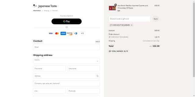 Japanese Taste checkout page showing Japanese Taste discount code box | Screenshot taken by SimplyCodes community member on Jan 22, 2025