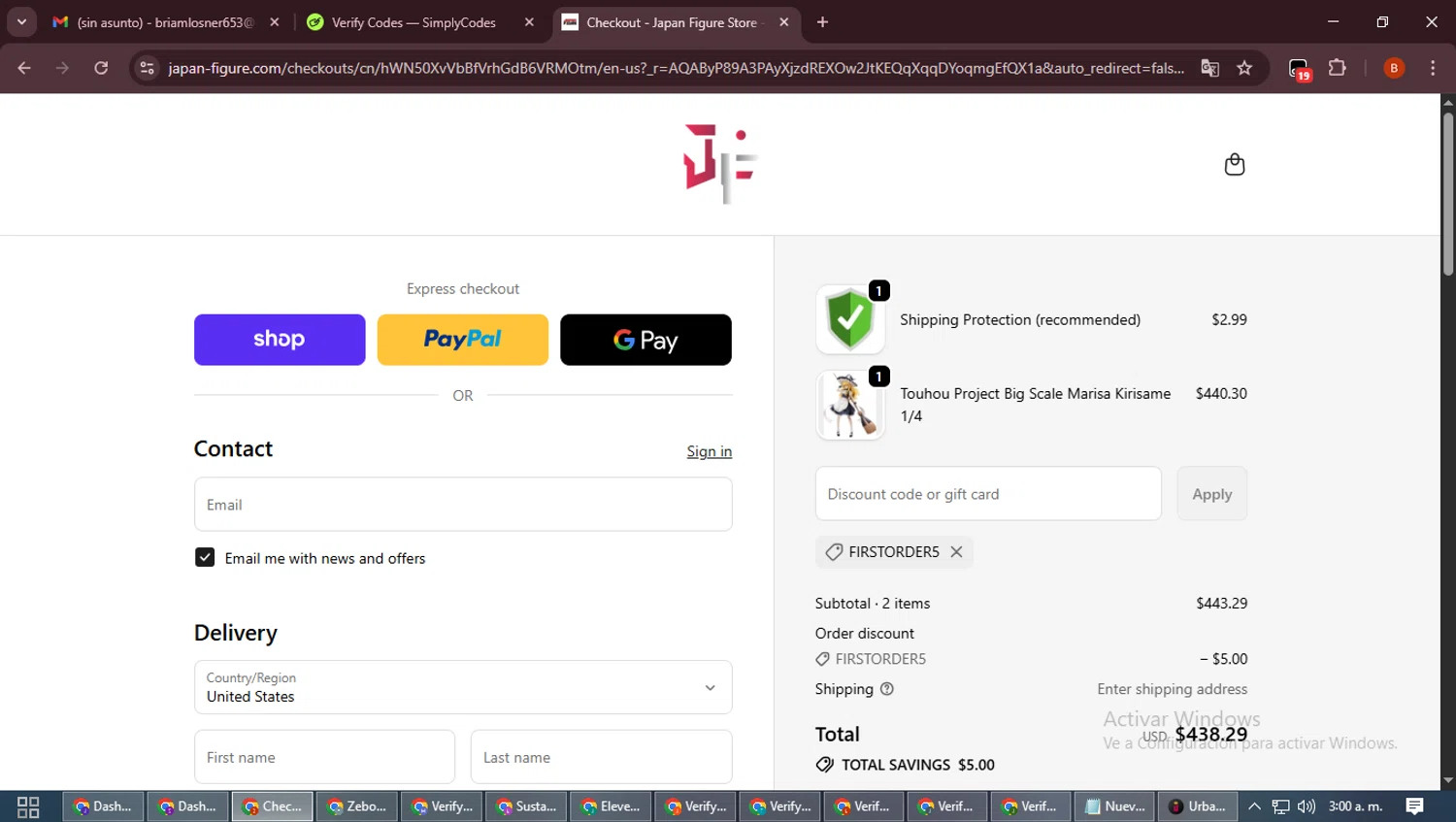 Japan Figure discount code screenshot showing code FIRSTORDER5 applied at Japan Figure checkout page. Uploaded by SimplyCodes community member DiscountExpert6435 on Nov 7, 2025