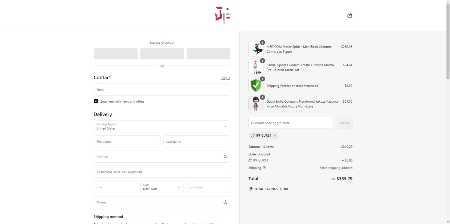 Japan Figure discount code screenshot showing code JPFIGURE1 applied at Japan Figure checkout page. Uploaded by SimplyCodes community member CrownTiger6508 on May 23, 2025