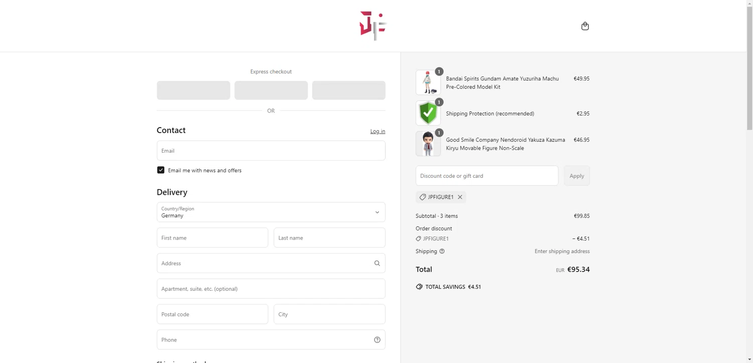 Japan Figure discount code screenshot showing code JPFIGURE1 applied at Japan Figure checkout page. Uploaded by SimplyCodes community member PromoSeeker7158 on May 23, 2025