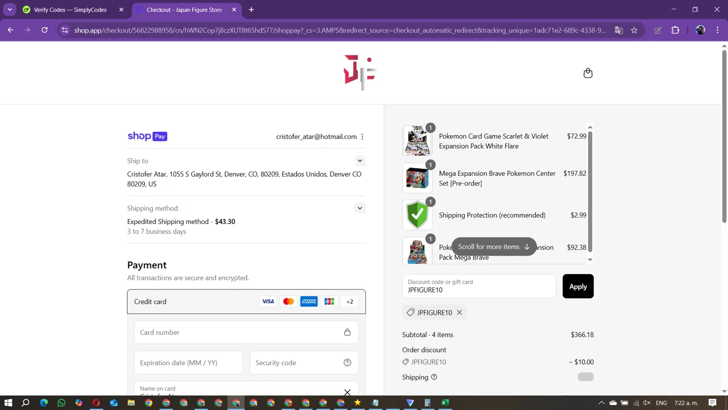 Japan Figure discount code screenshot showing code JPFIGURE10 applied at Japan Figure checkout page. Uploaded by SimplyCodes community member Marielis on Aug 25, 2025