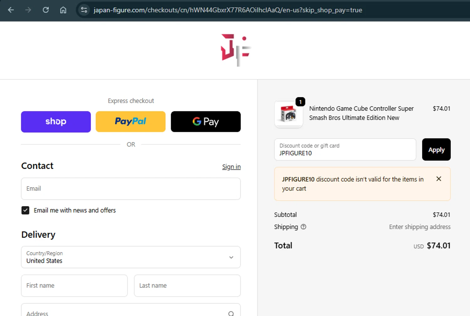 Japan Figure discount code screenshot showing code JPFIGURE10 applied at Japan Figure checkout page. Uploaded by SimplyCodes community member xAngel on Oct 13, 2025