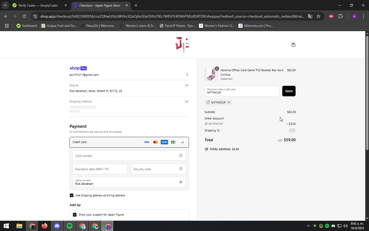 Japan Figure discount code screenshot showing code MYTHICxJF applied at Japan Figure checkout page. Uploaded by SimplyCodes community member DeathBone on Apr 16, 2025