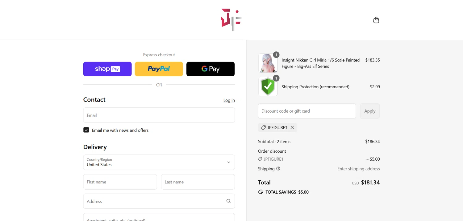 Japan Figure discount code screenshot showing code JPFIGURE1 applied at Japan Figure checkout page. Uploaded by SimplyCodes community member Dorothy on Aug 25, 2025