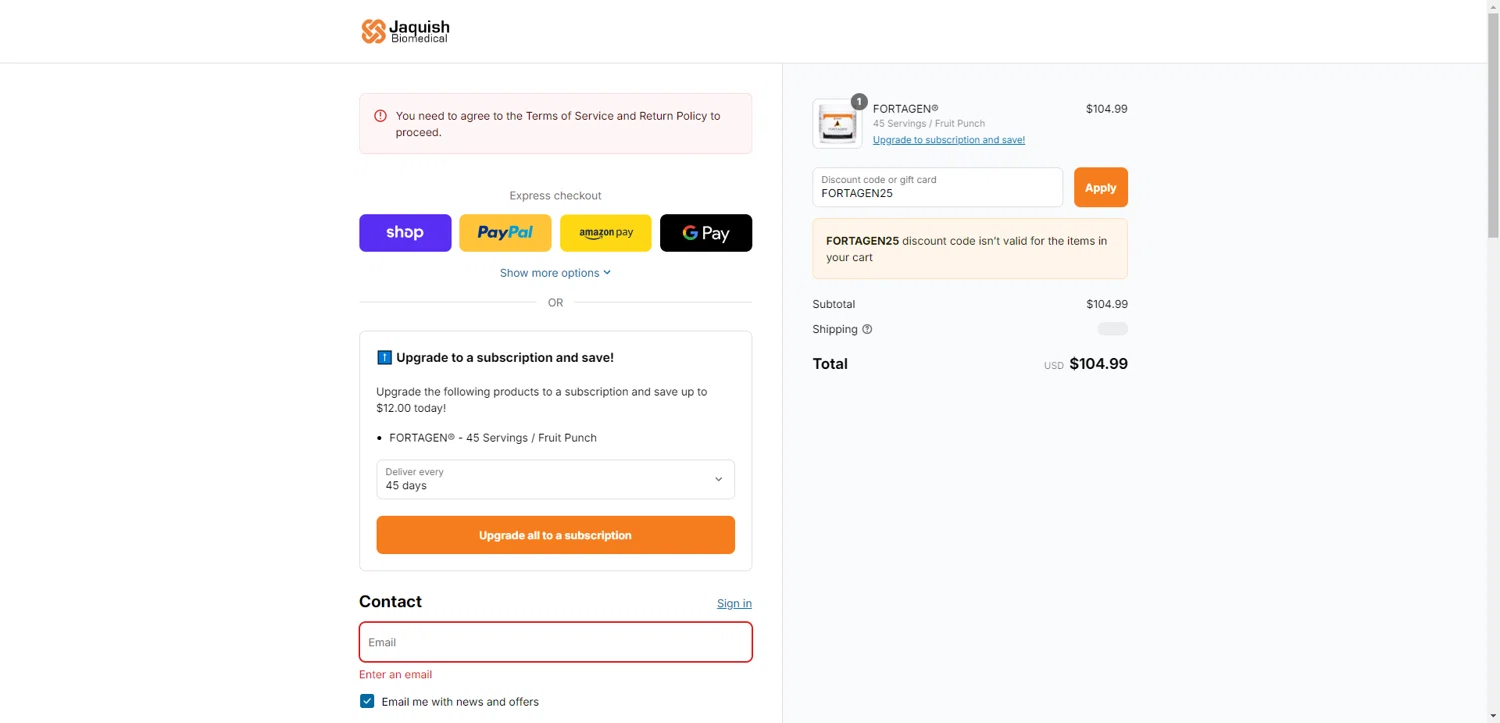 Jaquish Biomedical discount code screenshot showing code FORTAGEN25 applied at Jaquish Biomedical checkout page. Uploaded by SimplyCodes community member EpicEagle816 on Sep 15, 2025