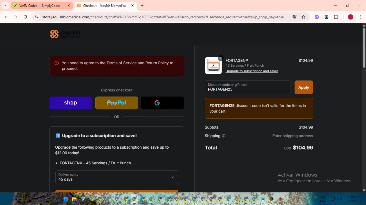 Jaquish Biomedical discount code screenshot showing code FORTAGEN25 applied at Jaquish Biomedical checkout page. Uploaded by SimplyCodes community member EpicSaver9948 on Sep 15, 2025