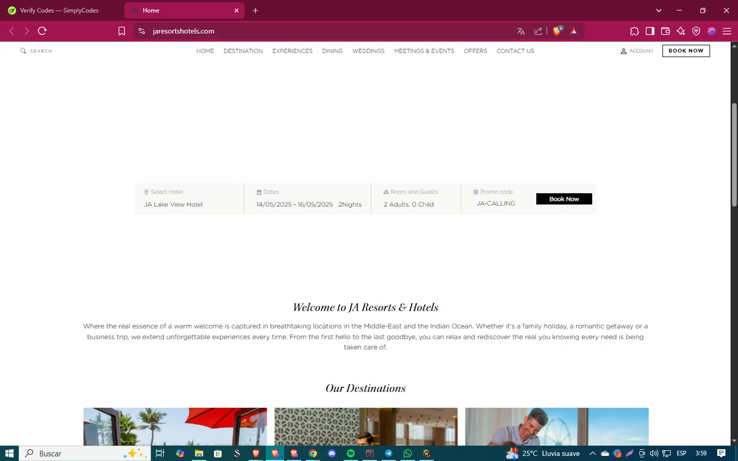 JA Resorts & Hotels promo code screenshot showing code JA-CALLING applied at JA Resorts & Hotels checkout page. Uploaded by SimplyCodes community member ShinazugawaSanemi on Apr 24, 2025