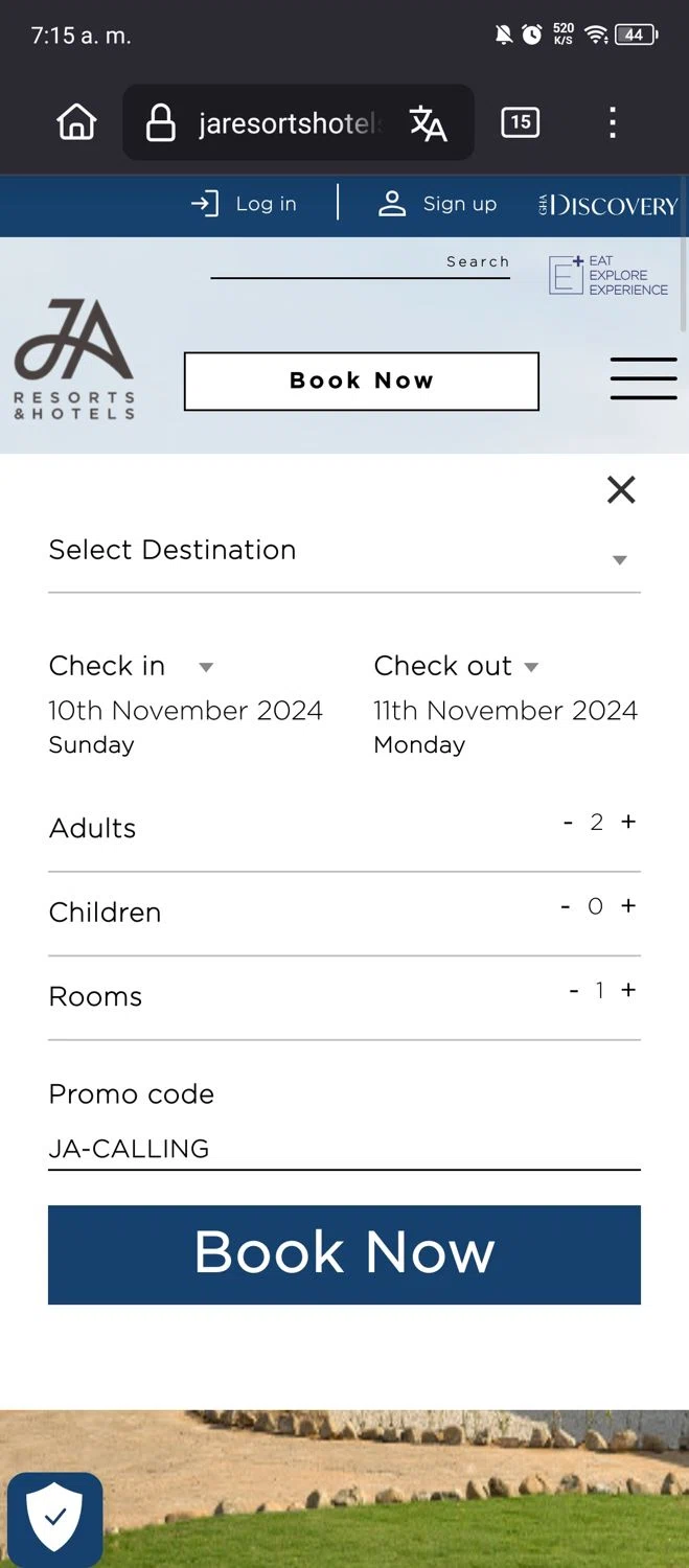 JA Resorts & Hotels checkout page showing JA Resorts & Hotels promo code box | Screenshot taken by SimplyCodes community member on Nov 10, 2024