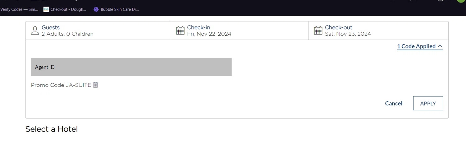 JA Resorts & Hotels checkout page showing JA Resorts & Hotels promo code box | Screenshot taken by SimplyCodes community member on Nov 22, 2024