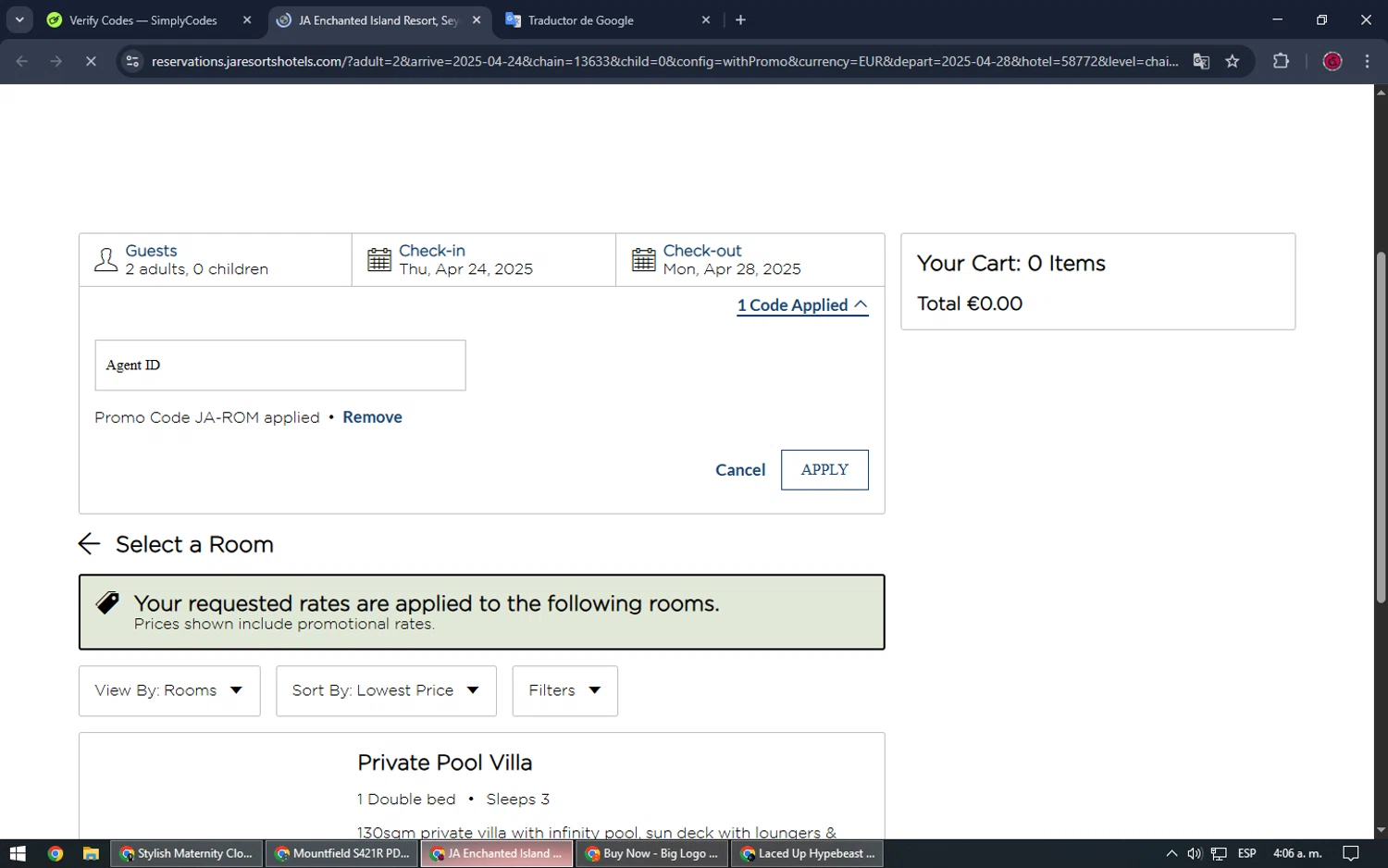 JA Resorts & Hotels promo code screenshot showing code JA-ROM applied at JA Resorts & Hotels checkout page. Uploaded by SimplyCodes community member SrSolomon on Apr 24, 2025